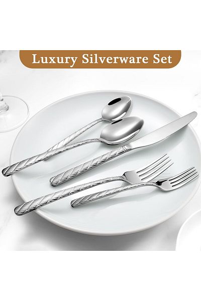 COOYA Hammered Silverware Set 5 Pcs, Stainless Steel, Mirror Polished Cutlery Utensil Set, Dishwasher Safe