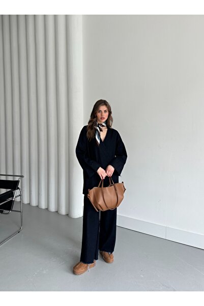 Laluvia Sötétkék duplasoros galléros blúz nadrág farmer szett - 8639