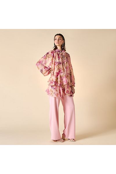 Iconic Floral Print Ruffle Detail Top with Tie-Up Neck and Long Sleeves