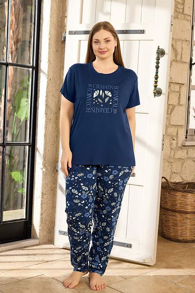 Aydoğan Women Pearl Plus Size Short Sleeve Navy Blue Pajamas Suit 0140