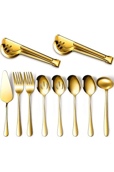 COOYA 10PCS Stainless Steel Serving Utensils, Large Serving Spoon Set, Spoons, Fork, Tongs (Gold)