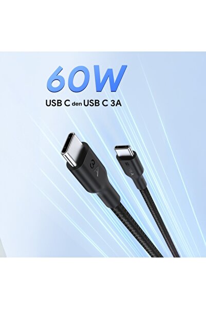 1HORA 3A Type-C To Type-C Pvc Örgü Başlıklı Data ve Şarj Kablosu - 1 Metre - ...