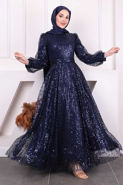 İmajButik Βραδινό φόρεμα με παγιέτες Navy Blue με χάντρες
