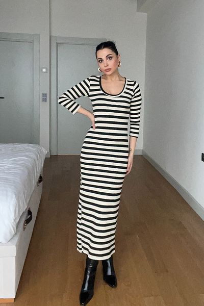 Seda Yalçın Atelier Black Stripe Patterned Cream Dress
