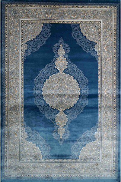 Bambu İplikten Dokuma Parlak Tuşeli Klasik Desenli Mavi Renk Halı (120x180 cm)