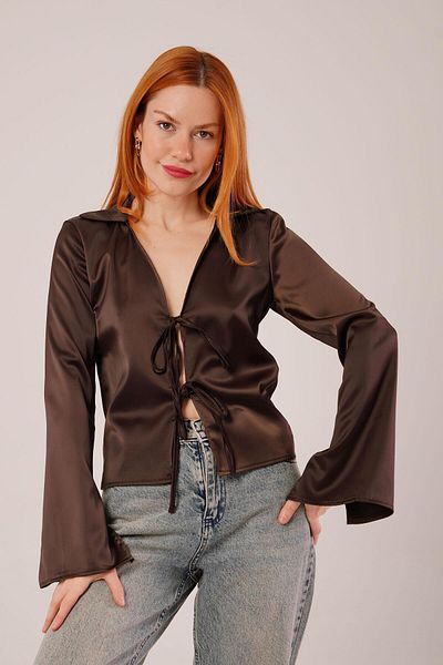 Moka Shopin Mokashopin Front Tie Detailed Satin Brown Blouse