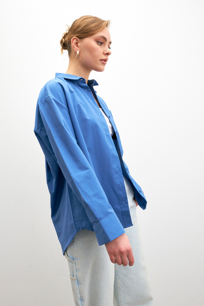 Bipantolon Cămașă de damă, albastră, oversize, de bază, cu buzunar, din popelin, cu mânecă lungă