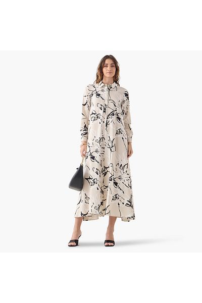 Iconic All-Over Floral Print Trapeze Dress with Cuff Sleeves