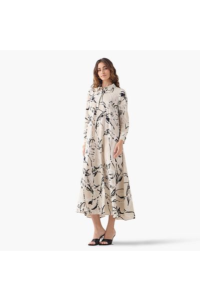 Iconic All-Over Floral Print Trapeze Dress with Cuff Sleeves