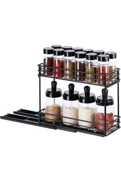 COOYA Pull Out Steel Spice Rack Organizer for Cabinet, 2 Tier Slide Out Cabinet Organizer Storage(Black)