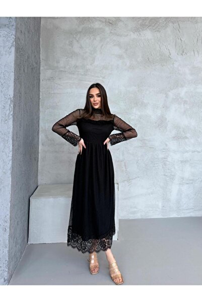 Miasista Yaka Fırfırlı Dantel Astarlı Elbise
