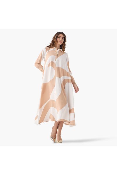 Iconic All-Over Print Trapeze Dress with Cuff Sleeves