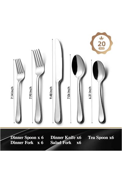 COOYA 20-Piece Silverware Set, Service for 4, Mirror Polished Cutlery Set, Dishwasher Safe (Silver)