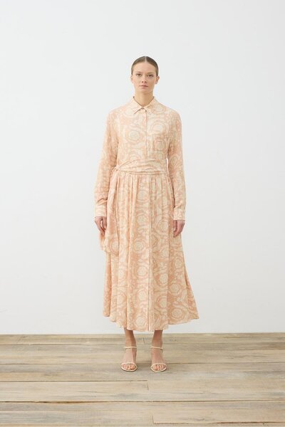 TERZİ DÜKKANI PASTEL DESEN VİSKON RAYON GÖMLEK ELBİSE PUDRA