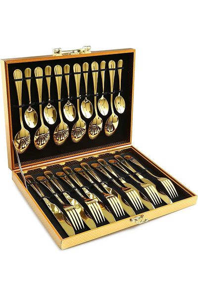 COOYA 24PCS Gold Silverware Set, Service for 4, Home, Restaurant, Dishwasher Safe, Dishwasher Safe