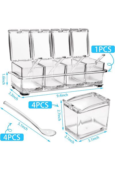 COOYA 4-Cell  Acrylic Rack Spice Box Storage Container Condiment Jars Seasoning Box with Cover and Spoon
