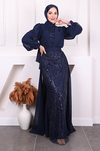 İmajButik Lacivert Boncuklu Şifon Abiye