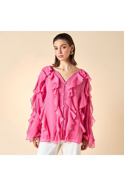 Iconic Iconic Ruffle Detail Top with V-neck and Long Sleeves