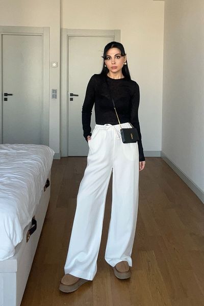 Seda Yalçın Atelier White Coffee Striped Trousers with Elastic Waist