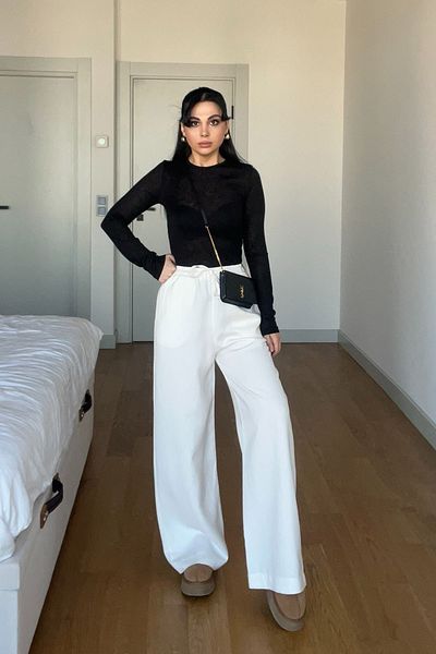 Seda Yalçın Atelier White Coffee Striped Trousers with Elastic Waist