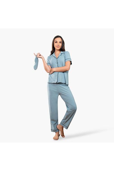 Aadaraya Aadaraya Collared Shirt with Pyjama and Eyemask Set