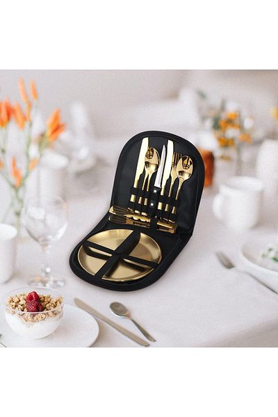 COOYA 10Pcs Silverware Set, Portable Mess kit, Stainless Steel Tableware Set for Travel (Gold)