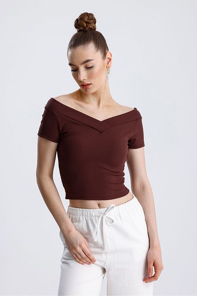FV Crop Top cu mânecă scurtă pentru femei, cu nervuri în față și în spate