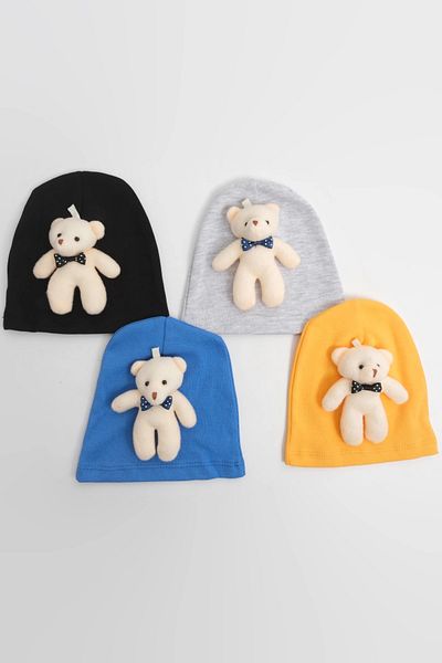 LOGO AKSESUAR Baby Boy Plush Bear 4-Piece Cotton Beanie