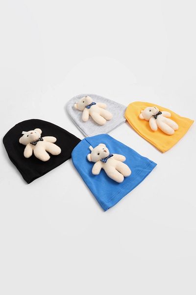 LOGO AKSESUAR Baby Boy Plush Bear 4-Piece Cotton Beanie