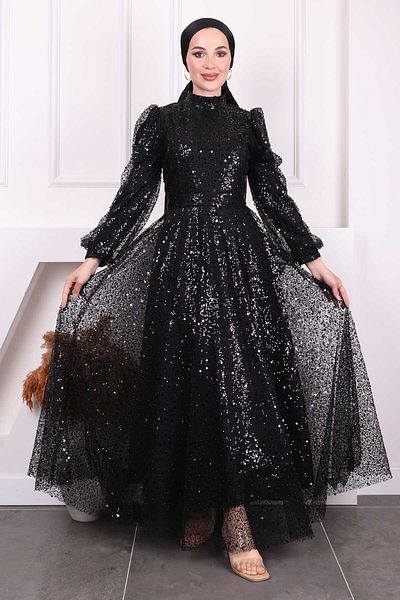 İmajButik Βραδινό φόρεμα με μαύρες χάντρες με παγιέτες