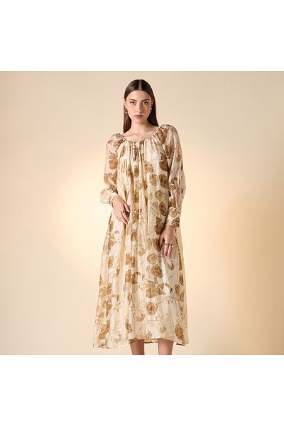 Iconic Iconic Floral Print Trapeze Dress with Long Sleeves