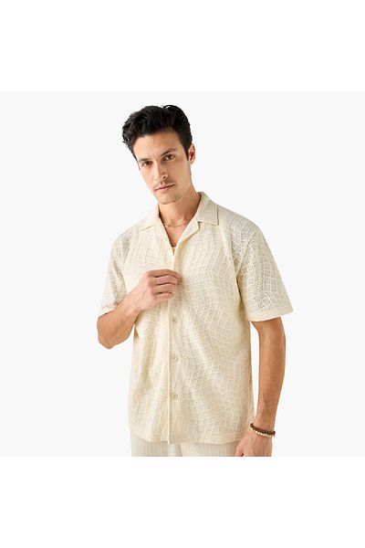 Iconic Iconic Textured Camp Collar Shirt with Short Sleeves