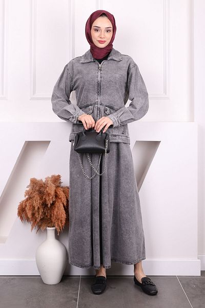İmajButik Smoked Pocket Stone Jacket Skirt Denim Suit