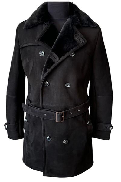 asus deri Black Genuine Suede Sheep Fur Men's Trench Coat - Burb