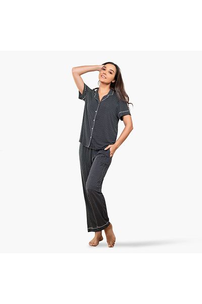 Aadaraya Aadaraya Polka Dot Print Collared Shirt and Pyjama Set