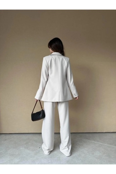 Rabia Çelik Women's Cream Striped Silver Button Blazer Jacket Pants Suit