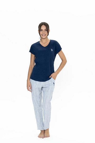 U.S. Polo Assn. U.S. Polo Assn. 20019 Set de pijamale pentru femei, albastru bleumarin, cu mâneci scurte, cu decolteu în V