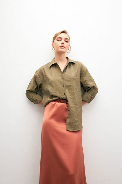Bipantolon Women's Khaki Soft Textured Oversize Modal Long Sleeve Shirt