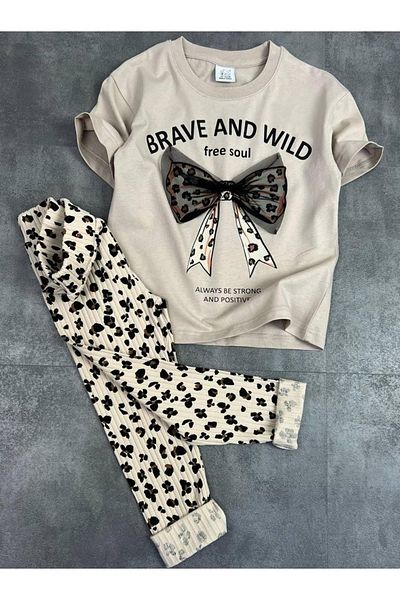 ARBİ kids Girl's Leopard Board Printed Bow Ribbed Tights Suit