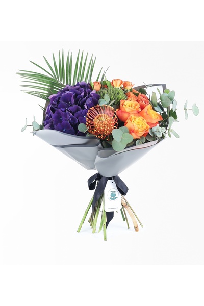 Rosebox Mor Ortanca Ve Turuncu Gül Buketi