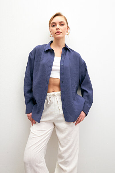 Bipantolon Жіноча синя сорочка з м'якою фактурою, оверсайз, з довгими рукавами, з модалу