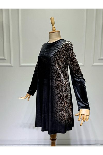 ModaMinar Women's Velvet Fabric Stone Sleeves Leopard Patterned Tunic