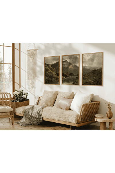 ARTCASTLE 3'lü Ahşap Çerçeveli Tablo Seti Dağ