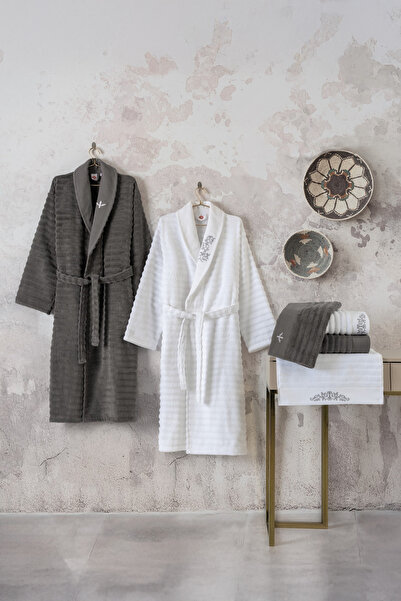 Cotton Box Seta Aile Bornoz Seti Genny Beyaz-Antrasit