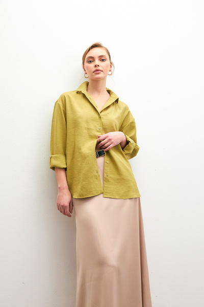 Bipantolon Women's Oil Green Soft Textured Oversize Modal Long Sleeve Shirt