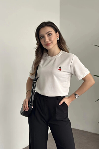 Aventien Λευκό μπλουζάκι με κέντημα Cherry Crew Neck