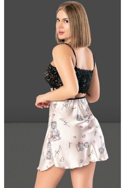 Cooqpoo Cămașă de noapte neagră subțire din satin Mărimea pieptului cu ursuleți din dantelă S-M-L-XL