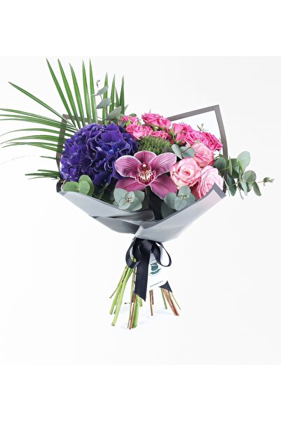 Rosebox Mor Ortanca, Pembe Gül Ve Orkide Buketi