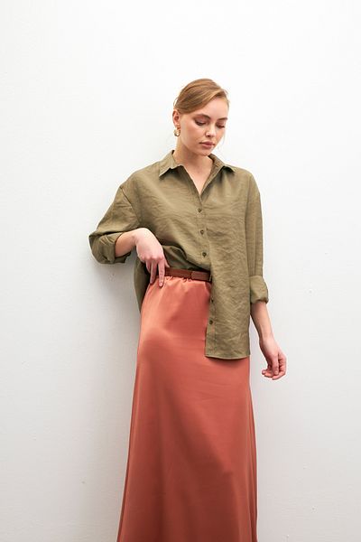 Bipantolon Women's Khaki Soft Textured Oversize Modal Long Sleeve Shirt