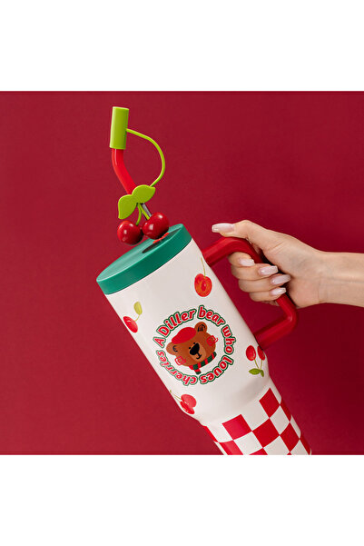 DILLER A Bear Pipetli Yalıtımlı Kahve Kupası 1200ml 12 Saate Kadar Sıcak/Soğuk Bardak Gövdeli Termos